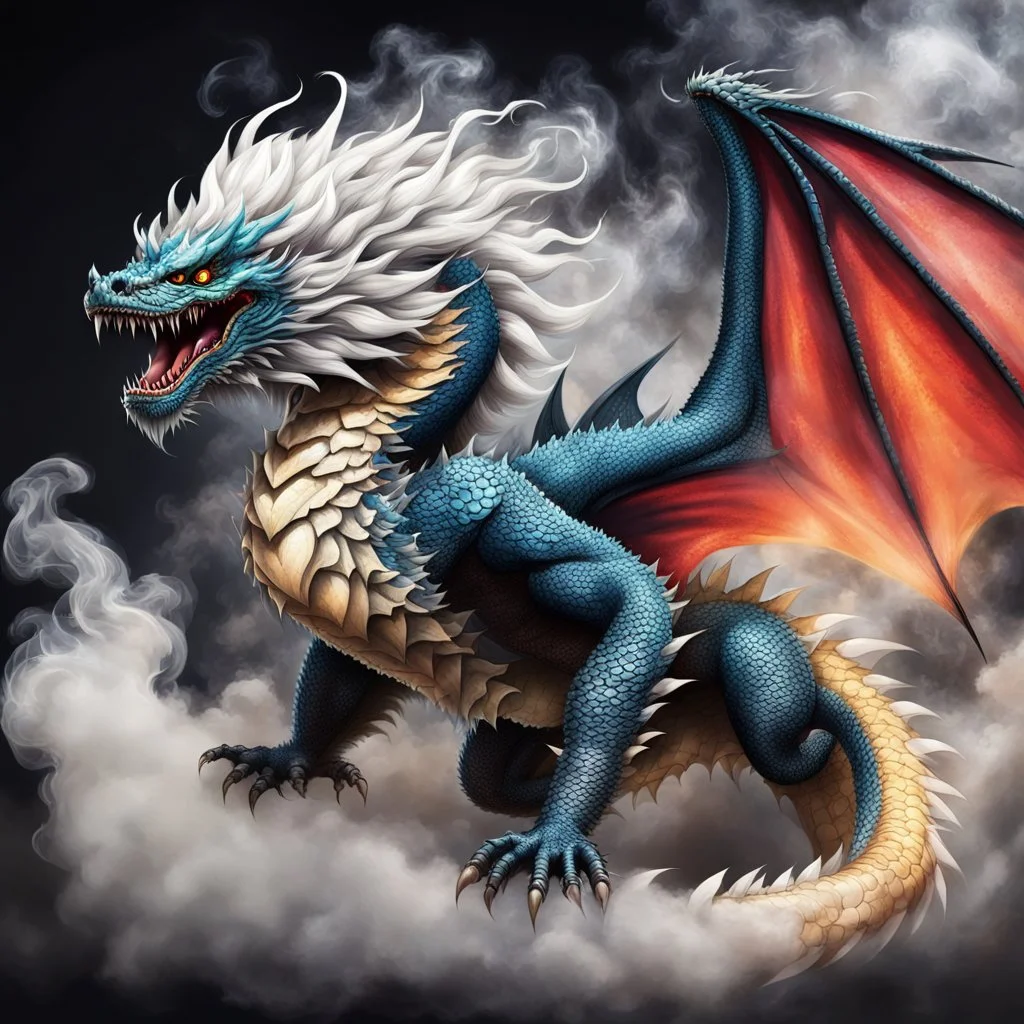 a sturdy colorful asian dragon with bat wings and curly white fur, smokey breath and fire, claws, spikes along back, a long tail, moving forward towards viewer, wrapped in smoke