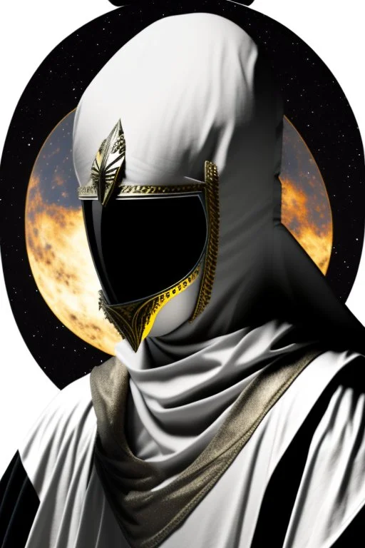 Planet Mercury portrayed as a masked human wearing medieval robes, the right side of the mask is black with open white eye, the left side of the mask is white with closed eye