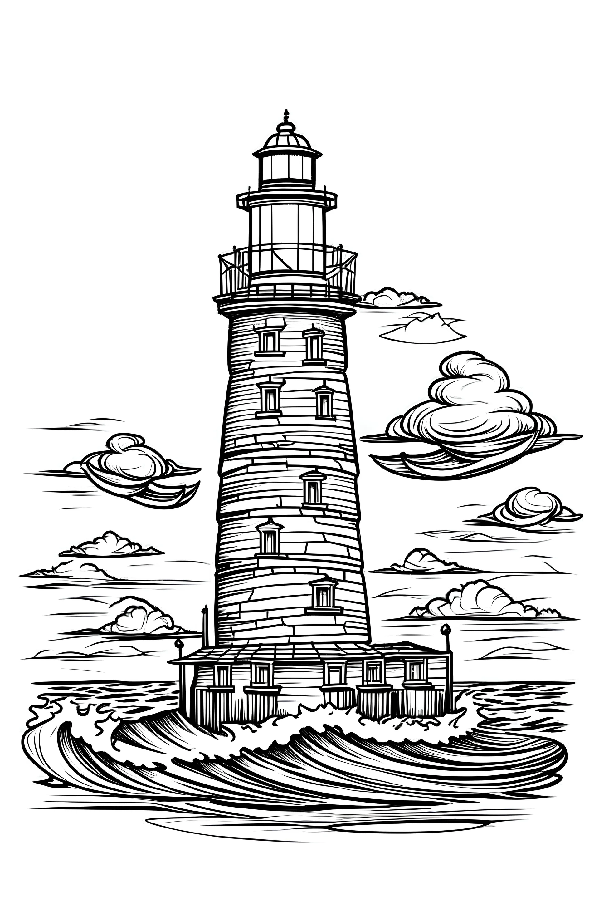 Outline art for coloring page with A lighthouse beaming light across the ocean ,,white background, sketch style, only use outline, clean line art, white background, no shadows, clear outline,