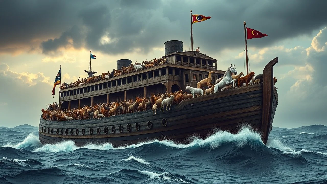 Noah's ark, massive and impressive as in the Biblical story. Many hundreds of animals on board. Stormy sea. Award-winning colour photograph, beautiful composition, exquisite detail, Nikon 85mm