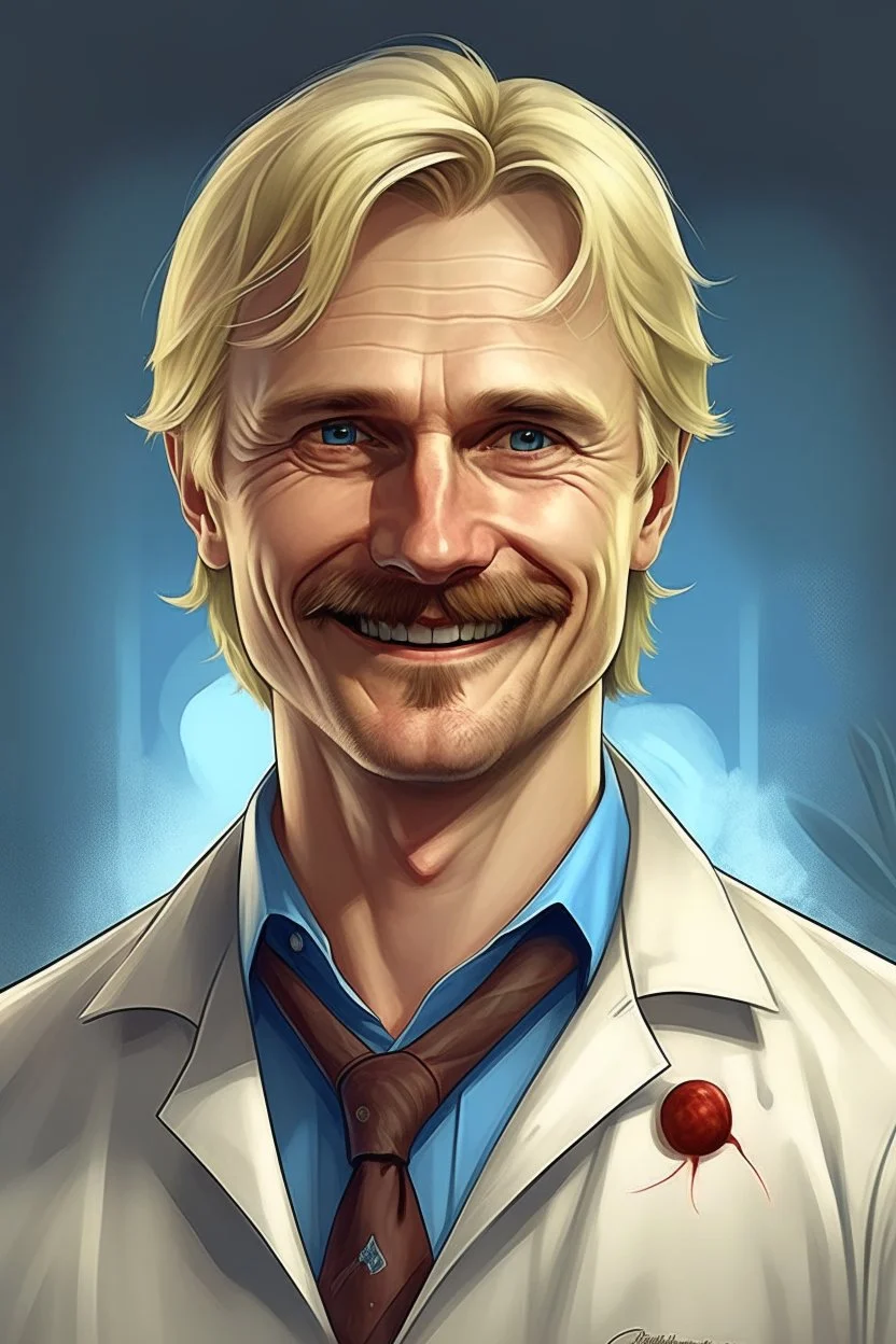 Mid-thirties, Caucasian male doctor, kind smile, blonde hair (slightly disheveled) thick blonde mustache, pale blue eyes, broad shoulders, muscular, six foot, Hawaiian shirt under white lab coat (with blood stains around the edges) , Strong Jaw line, encroaching shadowy tendrils, photo realistic, fantasy