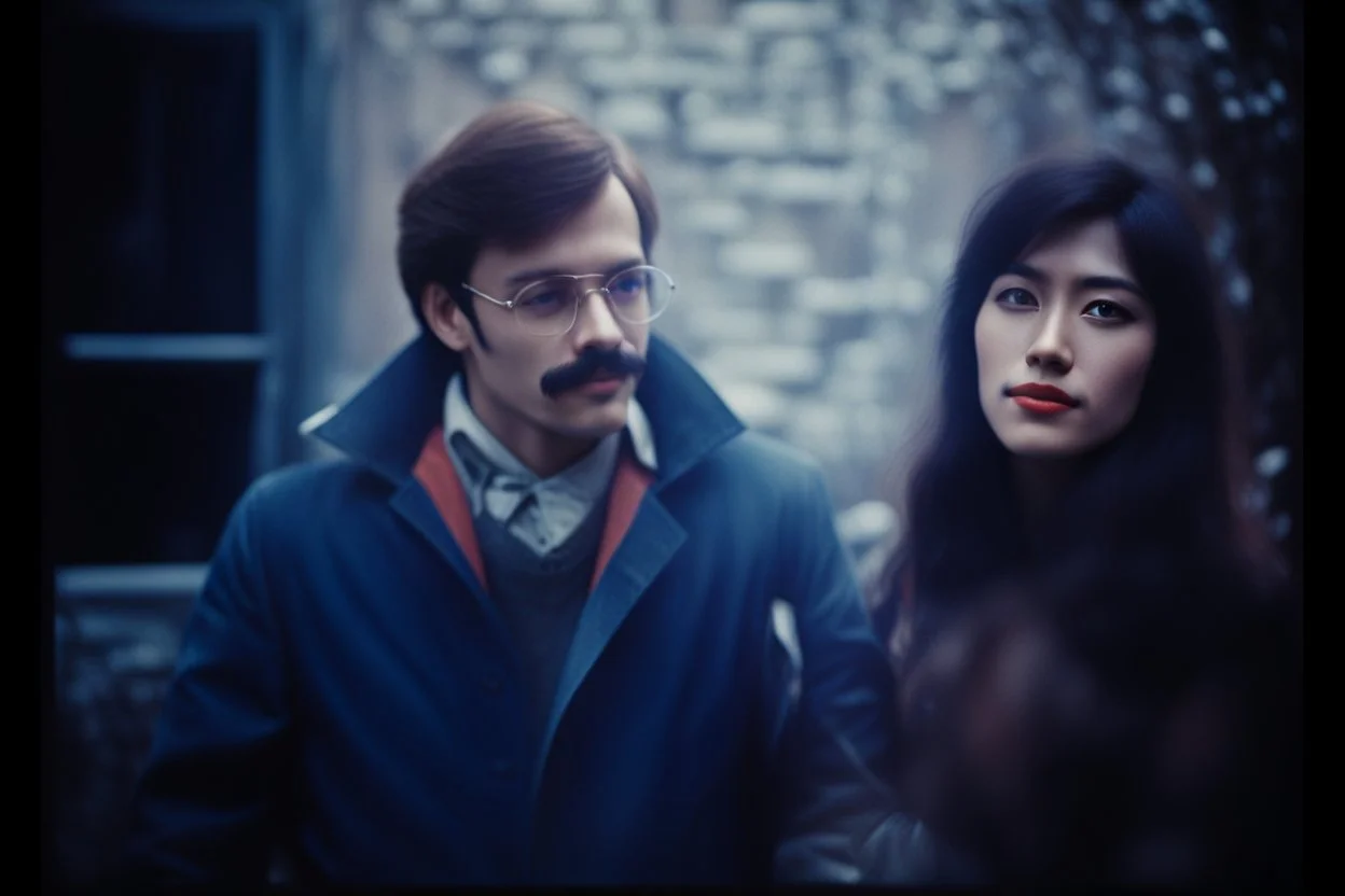 a young man and a beautiful woman standing next to each other, 1 9 8 0 s analog video, with mustache, small glasses, cold scene, out of focus background, house on background, the woman has long dark hair, photo realistic