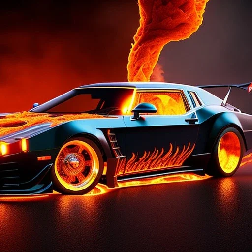 volumetric sweeping view of detailed shaded rendering of a car made of only molten lava, headlights, bumpers, whole car is lava