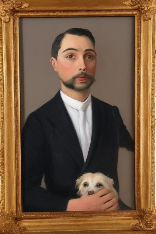 Make me a oil portrait of a very rich person that is 27 Years old from 1920 with a dog