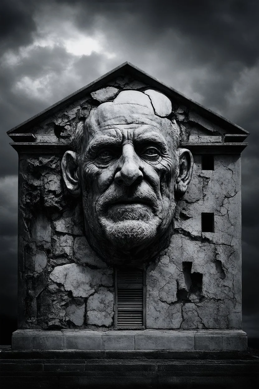 surrealis monochrome A fragmented, surreal sculpture liguid color of photorealistic image 3d,psychedelic art of an old man face glossy emerging from dreamlike a crumbling building. The face appears pale with deep cracks and intricate details, evoking a haunting expression. Blackened, set against a backdrop of stormy, cloud-filled skies. bauhaus art The overall tone is dark and moody, suggesting themes of decay and transformation. Include