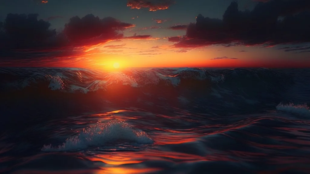 il mare al tramonto, iperrealistico , cinematografico