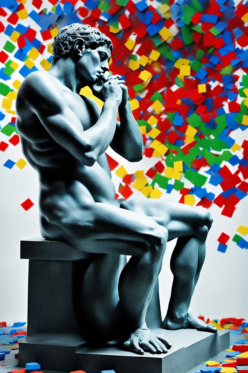 Artistic photo in the audacius style of Jill Greenberg, upclose striking image about "The Thinker statue", the statue as main focus in a white room with his body covered in movie scene shadows playing on the body about news and movie scenes. Exploding into the air are colourful matrix data and virtual numbers, on the floor are broken pieces of statue, questioning the role of deep thought in an increasingly digital and disconnected world