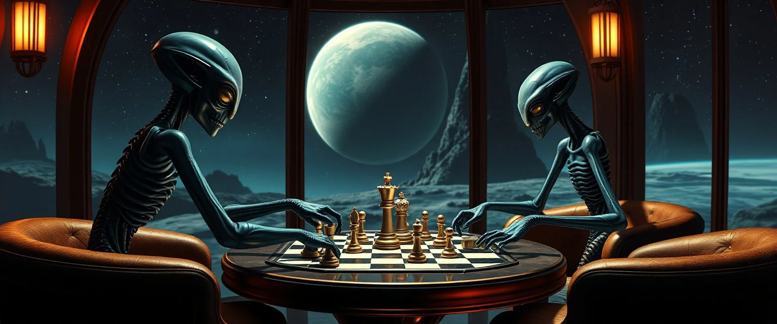 aliens playing chess in lounge on beautiful planet