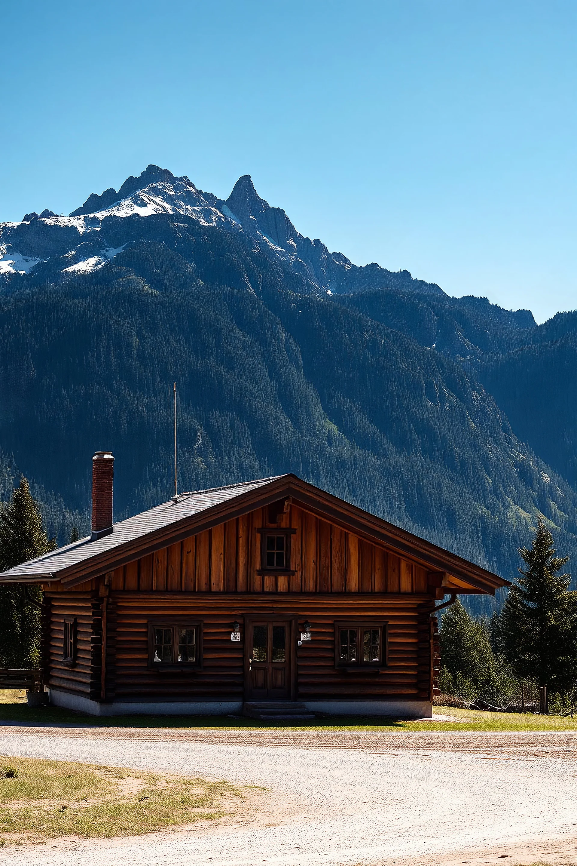 Gambar rumah full kayu dengan background gunung yang sangat indah