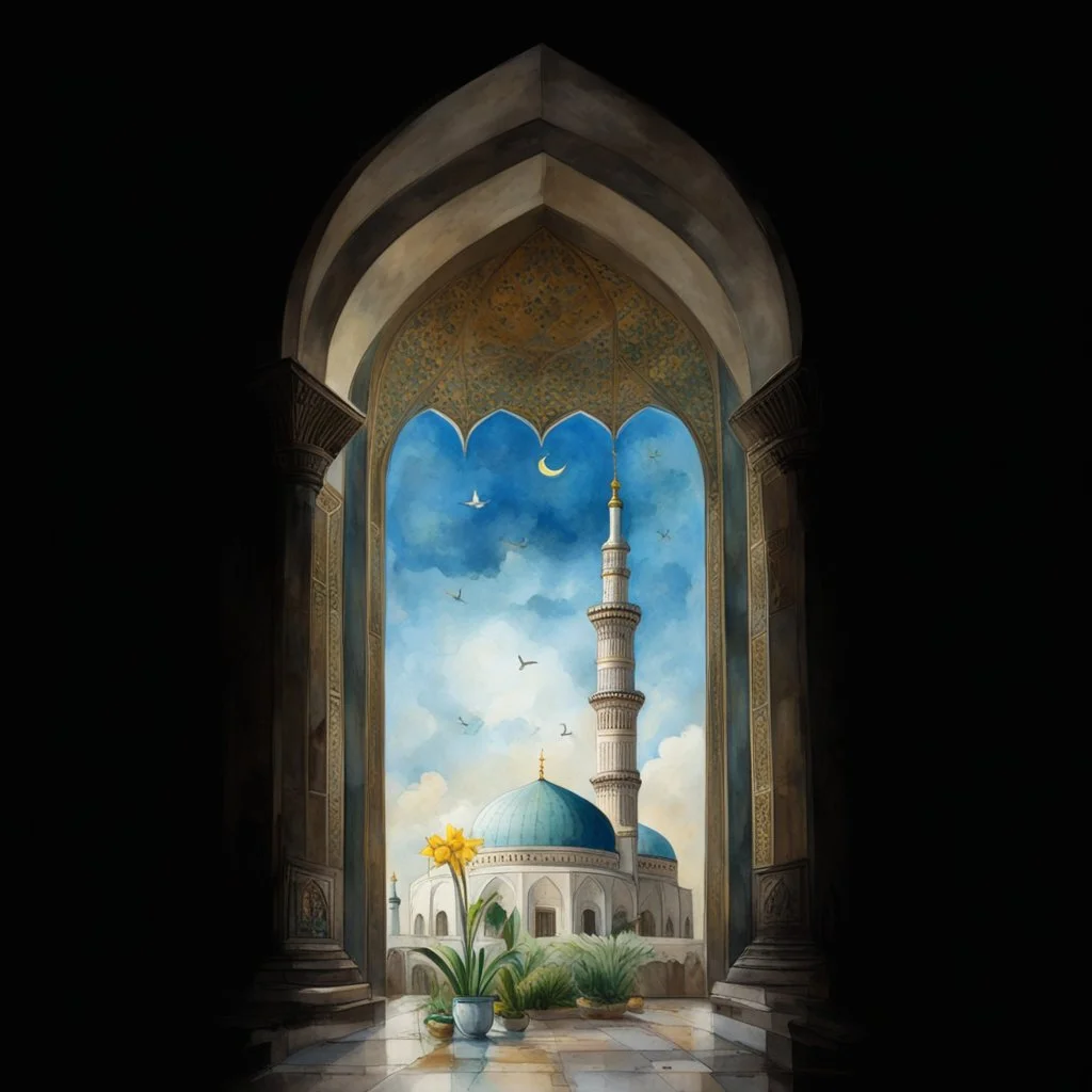 Big person zoom in like the Prophet Muhammad see the jamkaran mosque in Iran has more blue green color and gold for pattern islamic in the dome . one big domes with beautiful lighting . white Daffodil flower in the floor , clouds with small birds in sky with crescent moon of ramdan . painting watercolor ,simple and islamic style , Painting watercolor