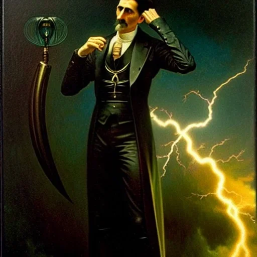 Nikola tesla, highly detailed face, surrounded by lightning bolts in the style of tom bagshaw, alphonse mucha, gaston bussiere, cyberpunk. anatomically correct elegant body. extremely lush detail. masterpiece. melancholic scene infected by night. perfect composition and lightning. sharp focus. high contrast lush surrealistic photorealism.