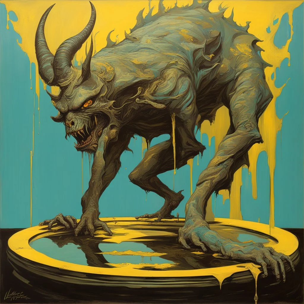 Reflection of the ego mirroring one's shadow, integration of the shadow beast, repression the root of all evil, by Vincent Lefevre, eerie dark colors, splashes of dark_cyan and muted_yellow, hyperdetailed, matte oil painting.