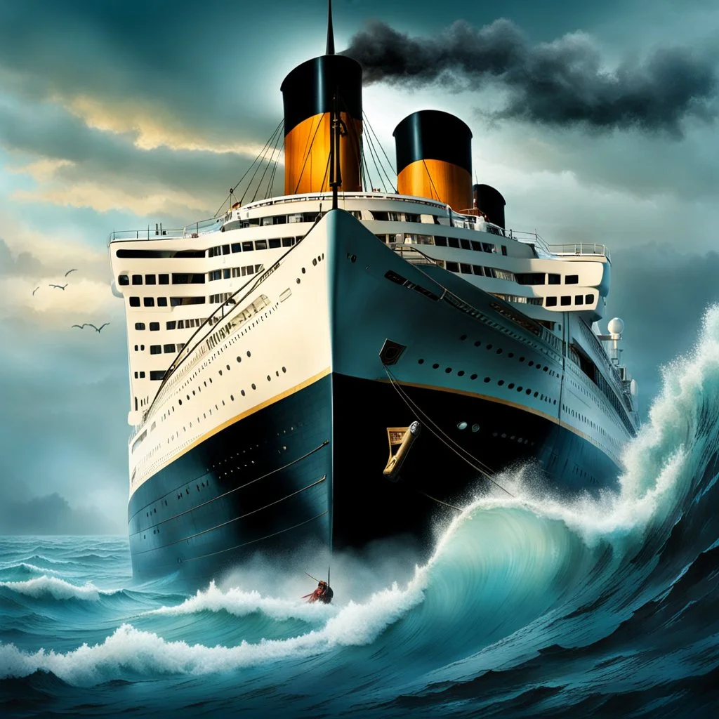 Titanic is sinking and shaking with stong waves of oceon ,passengers trying to save there life , Celene Deon sings my heart will go on on port of Titanic