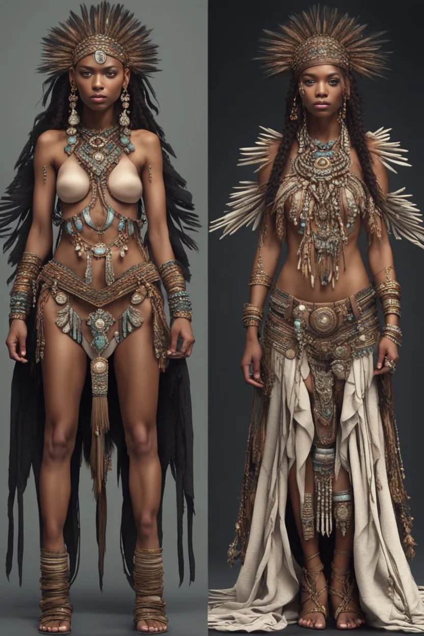 full body. cute. Fashion concept. Clothing style variations: think of a Unique and complicated tribal with jewels. 2 models, front and back. Hyper-detail. 8k quality.