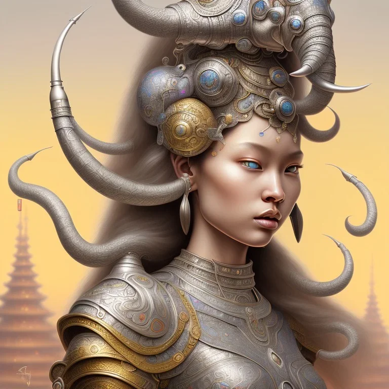 Sango fantasy, fantasy magic, intricate, sharp focus, illustration, highly detailed, digital painting, concept art, matte, art germ and Paul Lewin and Kehinde Wiley, masterpiece silver elephant head bronze Buddha Asian African girl nice breast Hawaiian hair turquoise golden waves