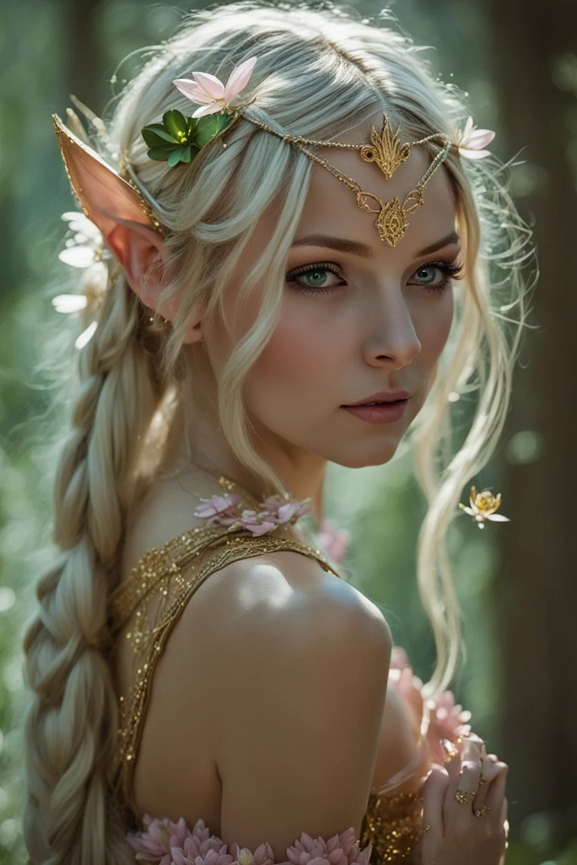 Pointed elven ears,Blonde hair ,Pink dress,Sparkling fairy wings,Very long golden hair,Fairy crown,pointed ears,elven ears,fairy wings,water lilies,sparkling,glittering,flowers,blossoms,golden crown,light pink dress