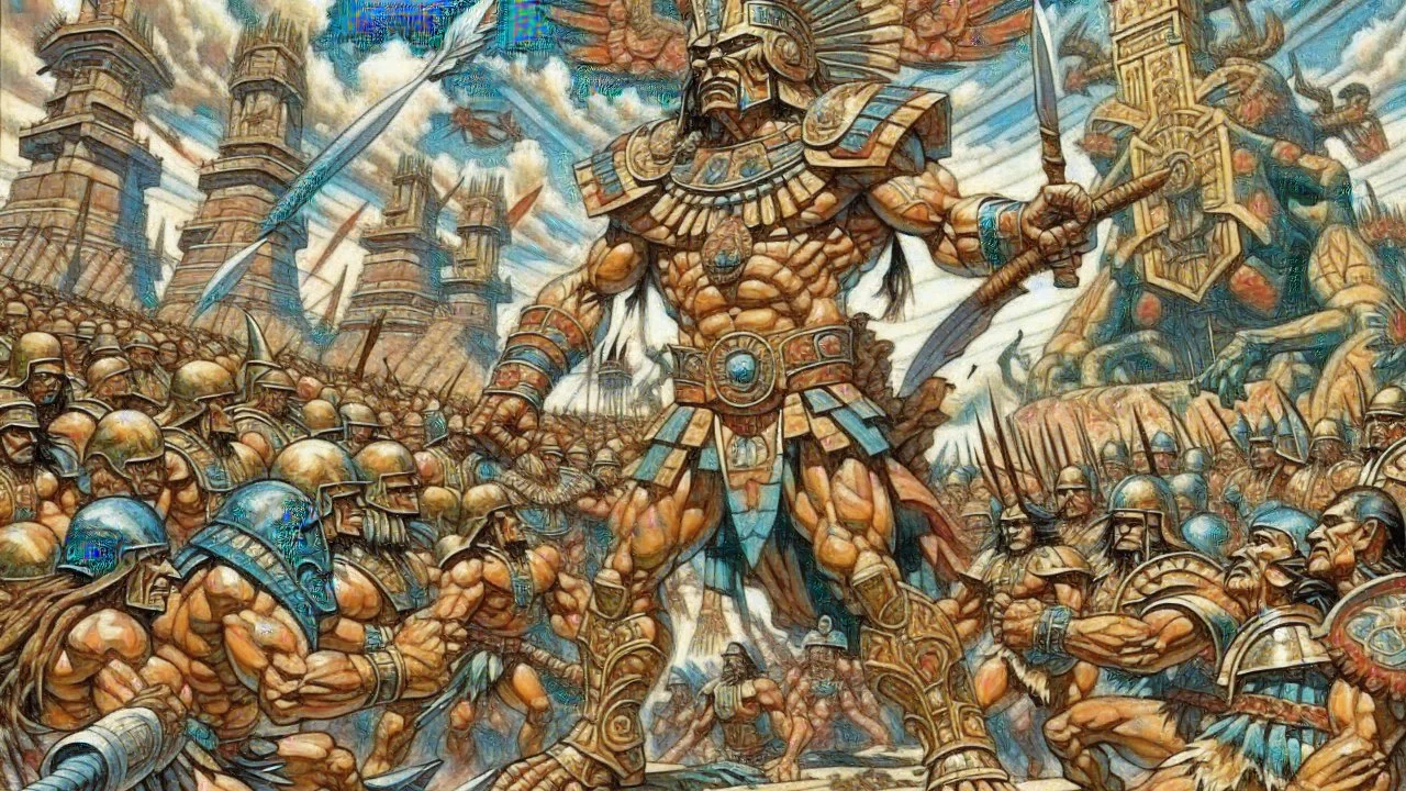 Giant Tlahuicole Tlahuicolli Tlaxcala futuristic warrior defeating many Spanish Conquistadores