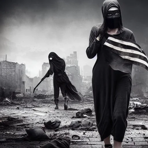 women, faces covered in black masks, ragged clothes, holding flag, war-torn, destroyed city in the background, 8k resolution, hyperrealistic, detailed matte painting, b&w, dynamic lighting, war, anarchy, terrorists