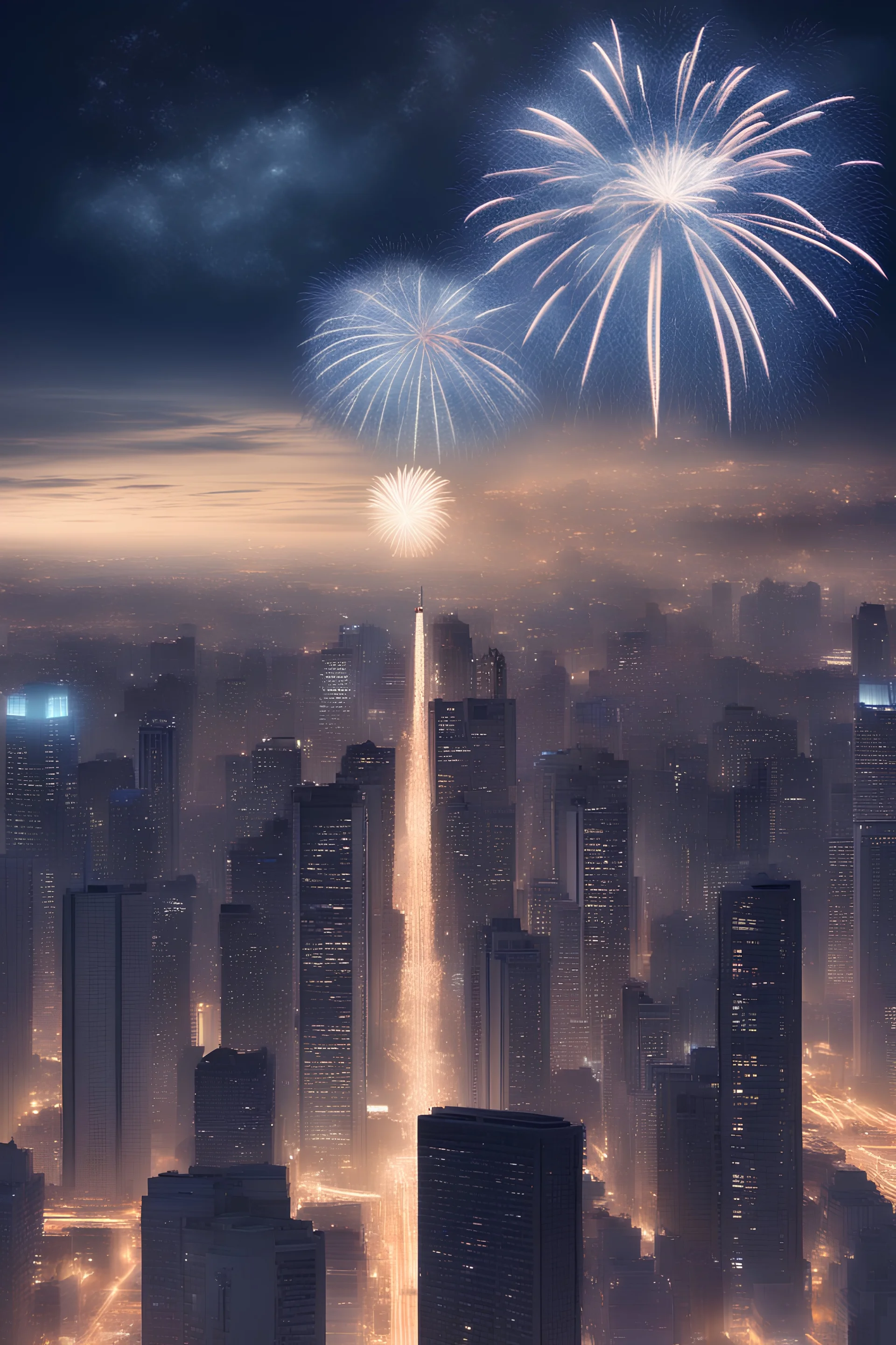 A huge city with blue fireworks over the skyine. beautiful night