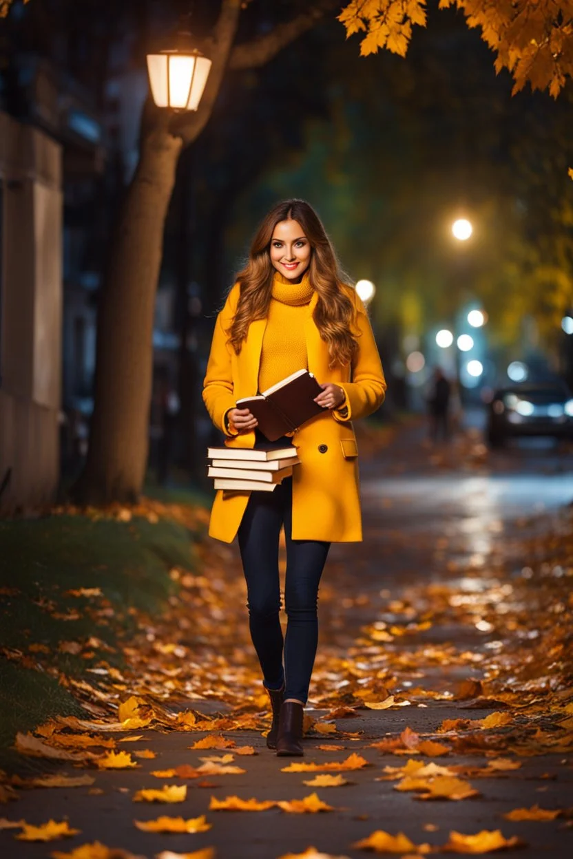 night yellow lights over the street trees autumn leaves under feet ,a Student adult girl with books in her hand walking in street looking to camera