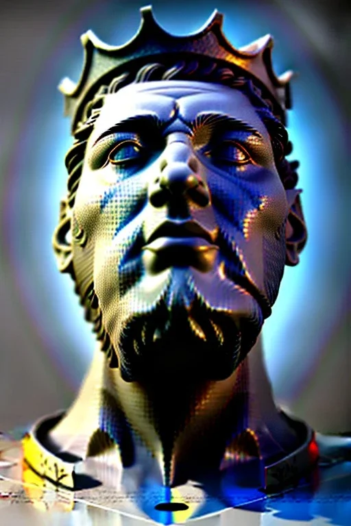 Ultra Realistic image, Roman sculpture, white marble material, Lionel Messi, gold crown of natural thorns, god crown, Miguel Angel style, sun rays background, waist up portrait, epic, celestial, cinematic lighting, God lights, 4k resolution, smooth details, soft lighting, unreal engine 5, art station, substance 3d.