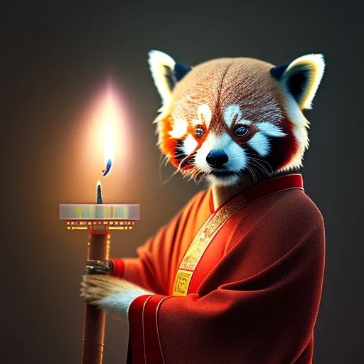 a cute litte red panda wearing Hanfu, holding a large candle, BK complex detail, cinema, reality, detail, octane rendering, stoic cinematic 4k epic detailed photograph shot on kodak detailed bokeh cinematic hbo dark moody 8k, 85mm f/16 by leica