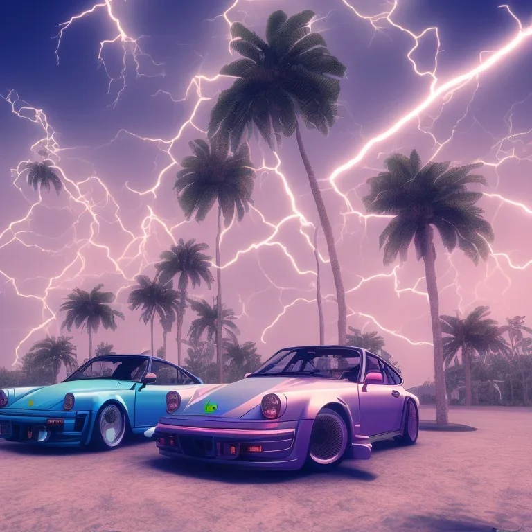 1980's aesthetic vaporwave palm trees and spheres and Porsche with lightning