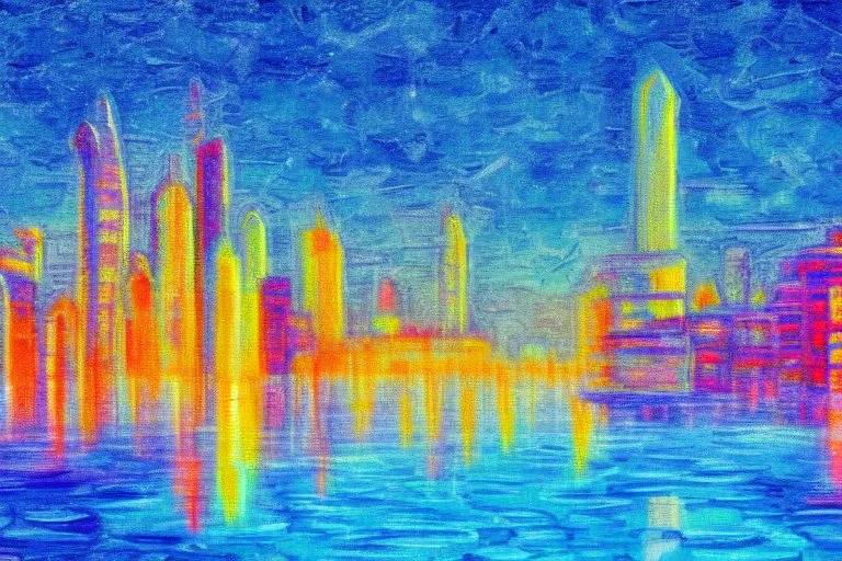 Futuristic city, frozen lake, impressionism painting