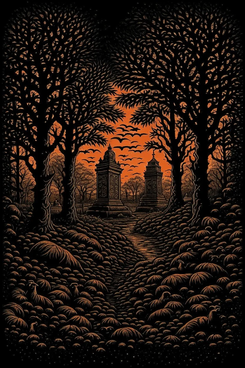 Autumn Dusk Cemetery T-Shirt Design, Black Background, by Andrew Ferez