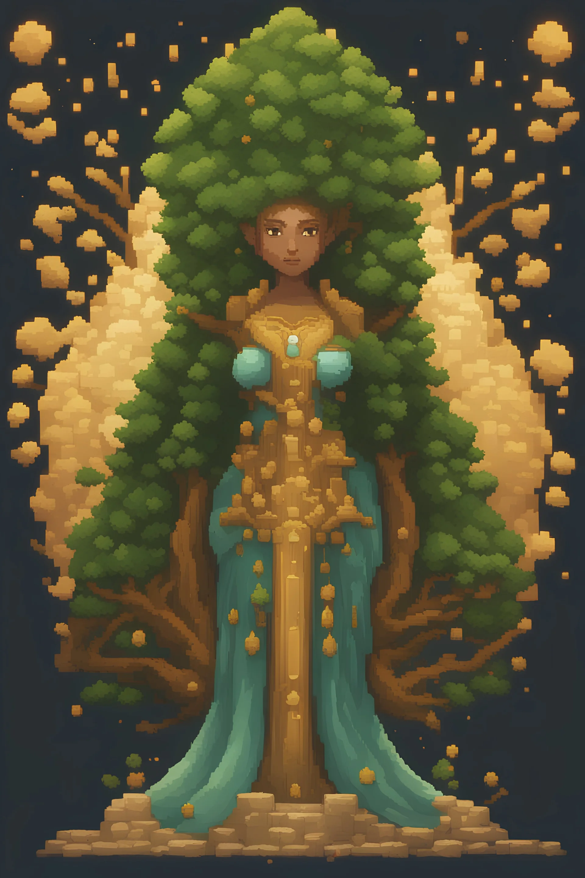 a pixel tree that sprouts in the shape of a goddess for the 2d sidescroller game