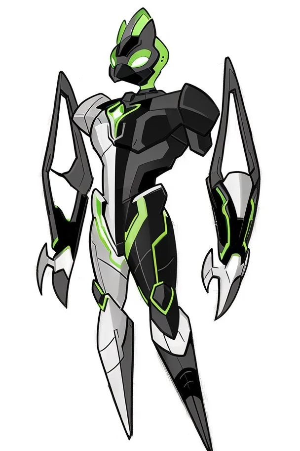 A new space creature from Ben 10 cartoon. Strong and graceful. Advanced metal. Magical power, precise detail and intense power Add "full body view" as a prefix. Use an aspect ratio (dimensions) that is mor vertical (3:4 vs 4:3), move the camera back ("extreme long range view"), move camera upward rather than being at hip height ("high angle view" or "eye-level view"). Describe her shoes or stance, as well as what you see over her head