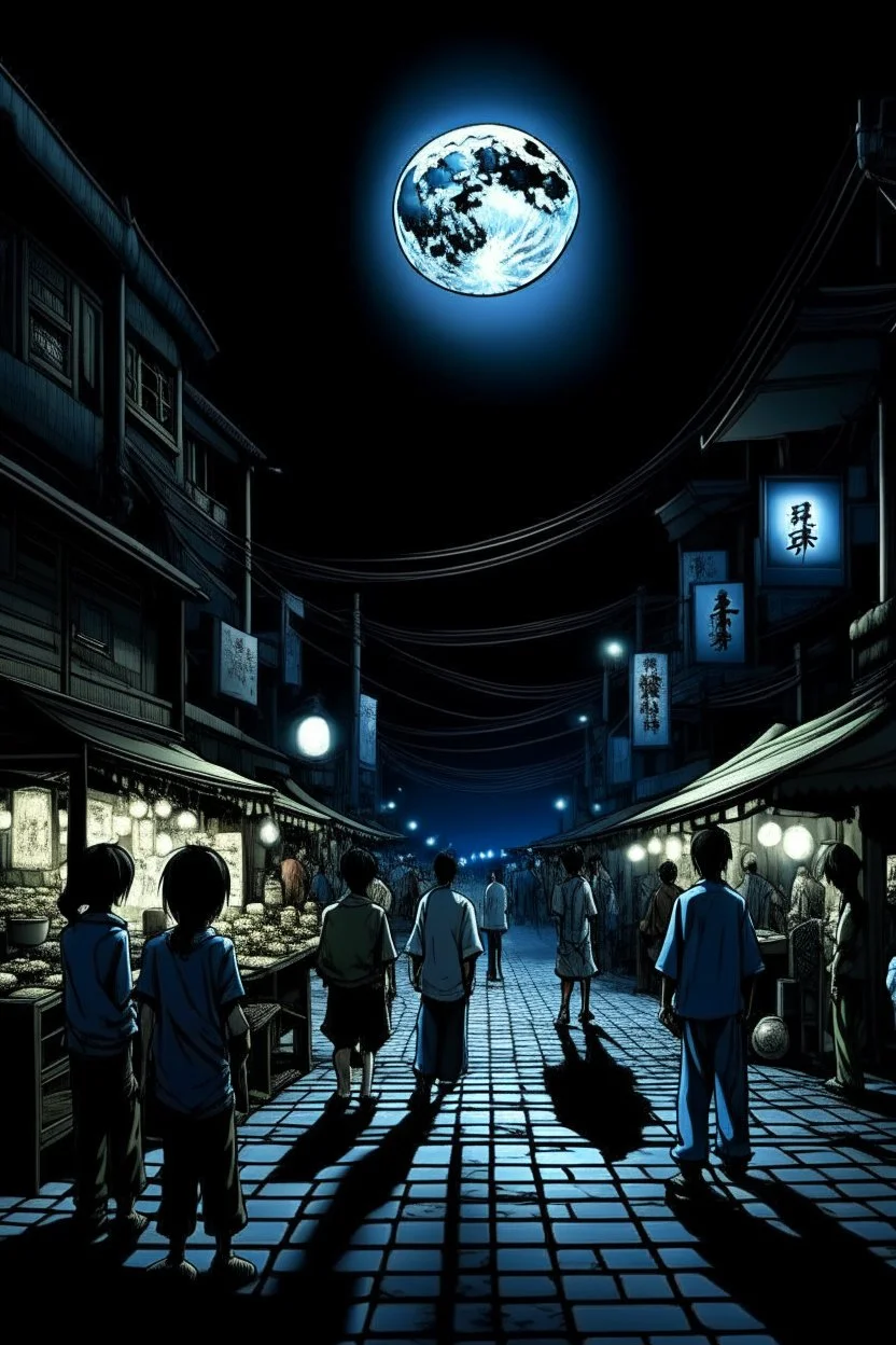 THE MOON HIDDEN SHADOWY FIGURES in old busy market meeting big brother STYLE OF HIROKU OGAI