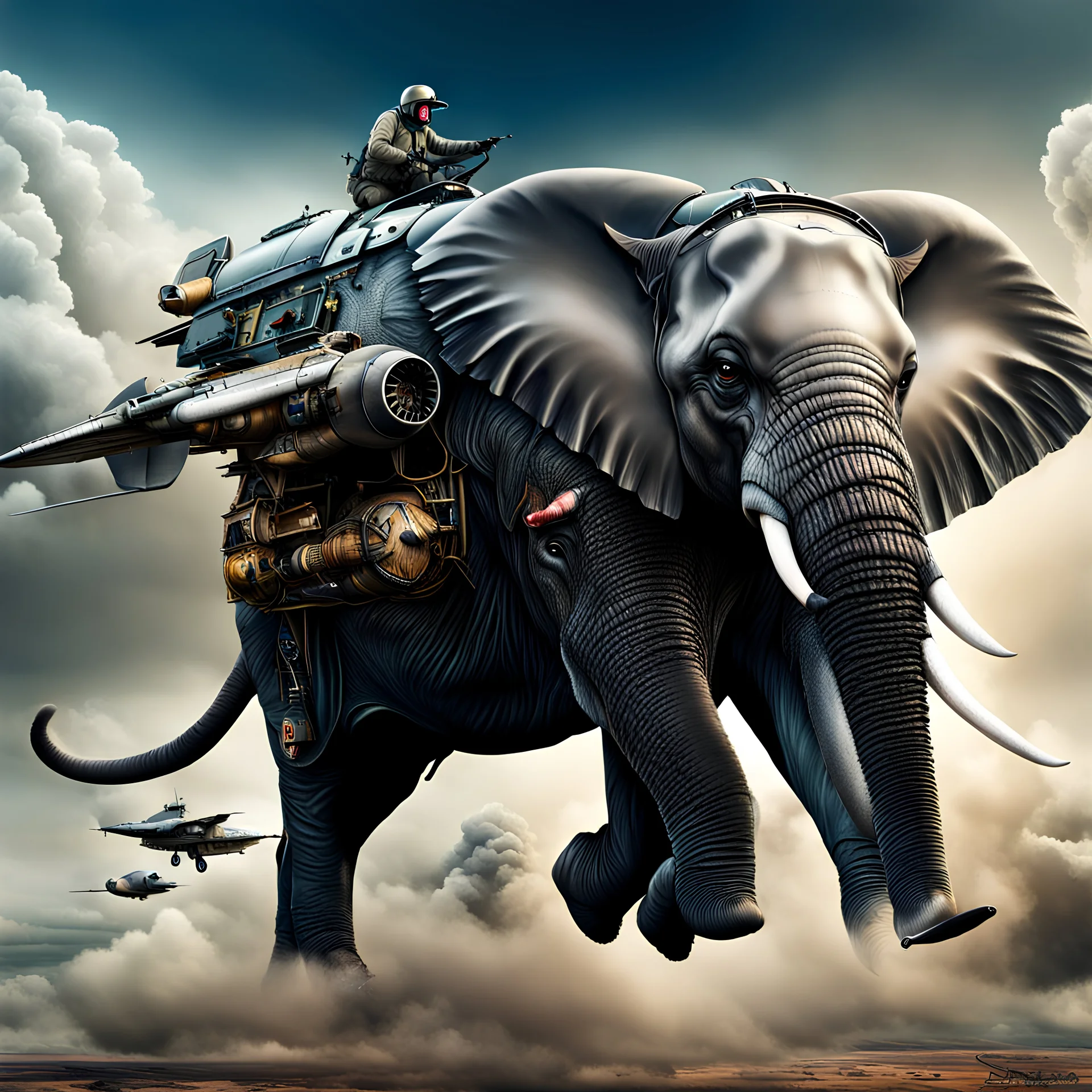 Lucky Stryker, Jet-fighter elephant combination, biomechanical surrealism, organic surrealism, dystopian, photorealisitic, in flight