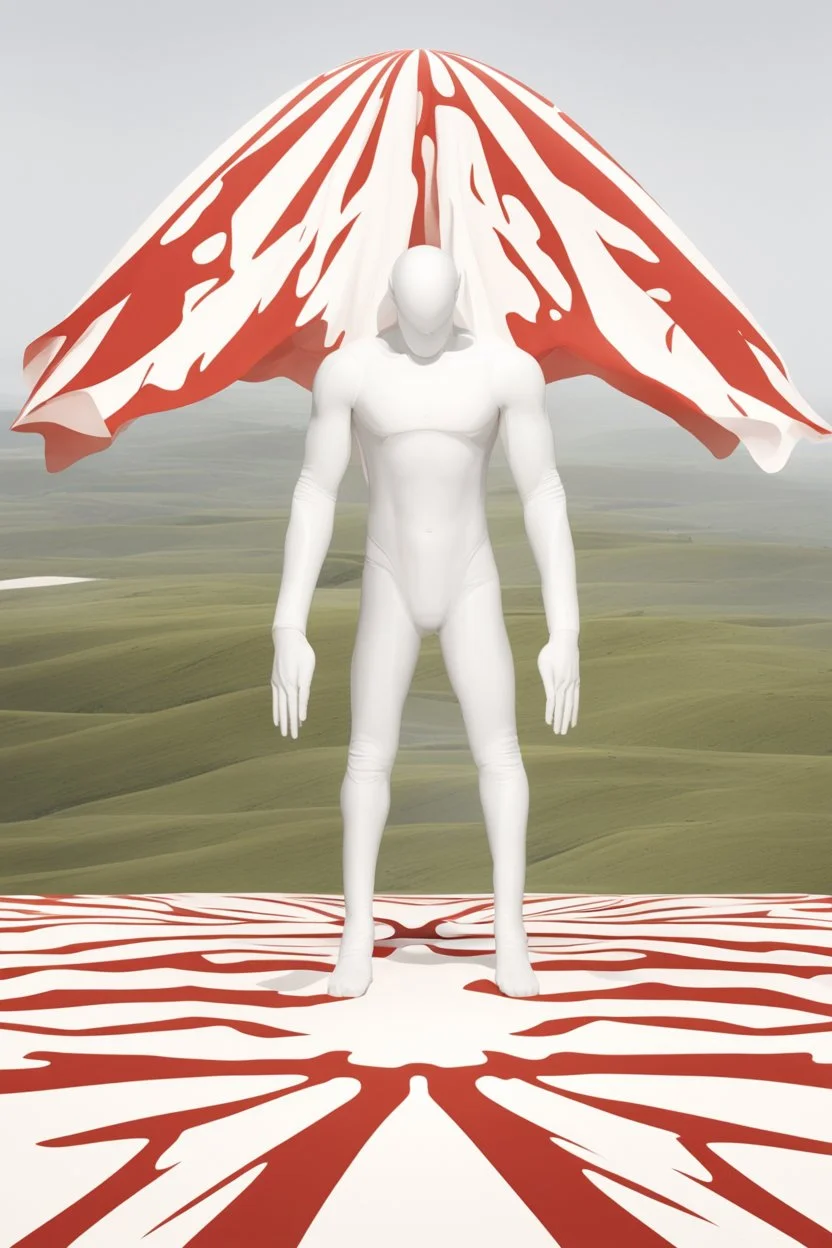 Giant massive huge in stature, majestic entity, hovering and floating over a large field landscape. the entity wears a white and red draped fabric that has printed on the material resembling stars. the fabric has also technological elements. you can see how big it is compared to a tiny human standing in front of it