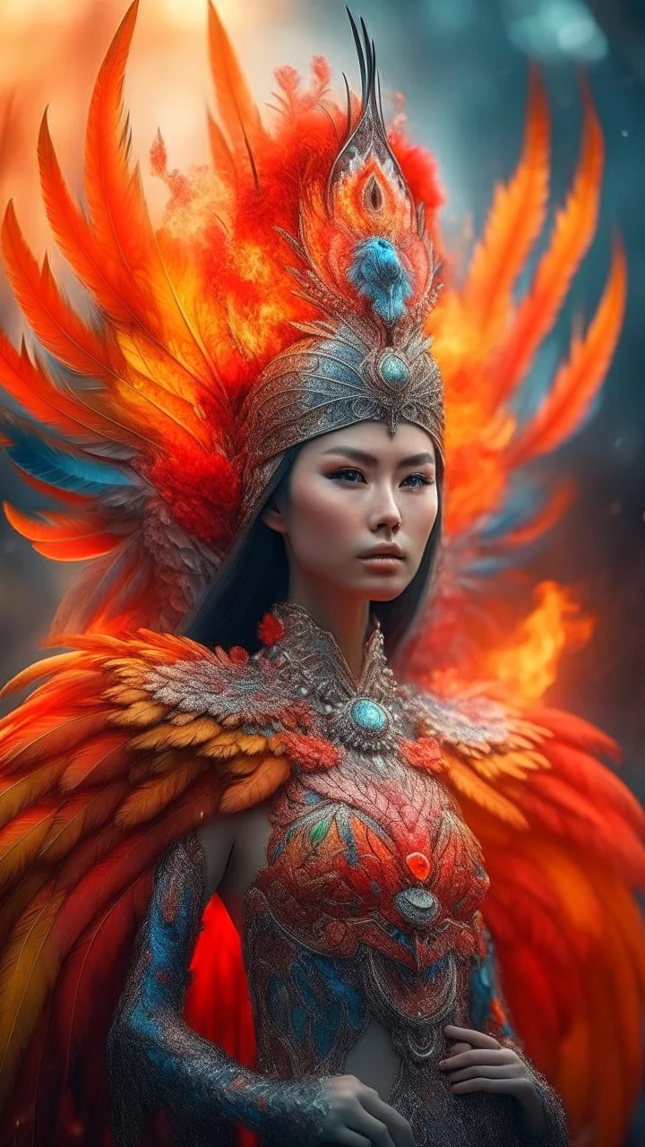 half body wide angle RAW photo, fire queen queen wearing luxurious and ornate clothing, fully covered, opals and floral embellishments, fractal wing texture, winter landscape in the background, beautiful women indonesia face, high detailed skin, phoenix, fire, 8k uhd, dslr, soft lighting, high quality, film grain