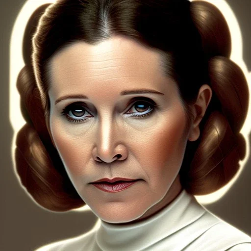  half-length portrait, three-quarter zoom out face pose of carrie fisher as Princess Leia with photo realistic fine and very simple short hair, entrancing deep brown eyes, eos5d mark 4, ef 85mm 5.6, professional majestic photo realistic painting by Ed Blinkey, Atey Ghailan, by Jeremy Mann, Greg Manchess, Antonio Moro, trending on ArtStation, Intricate, High Detail, Sharp focus, dramatic, by greg rutkowski, realism, beautiful and detailed lighting,