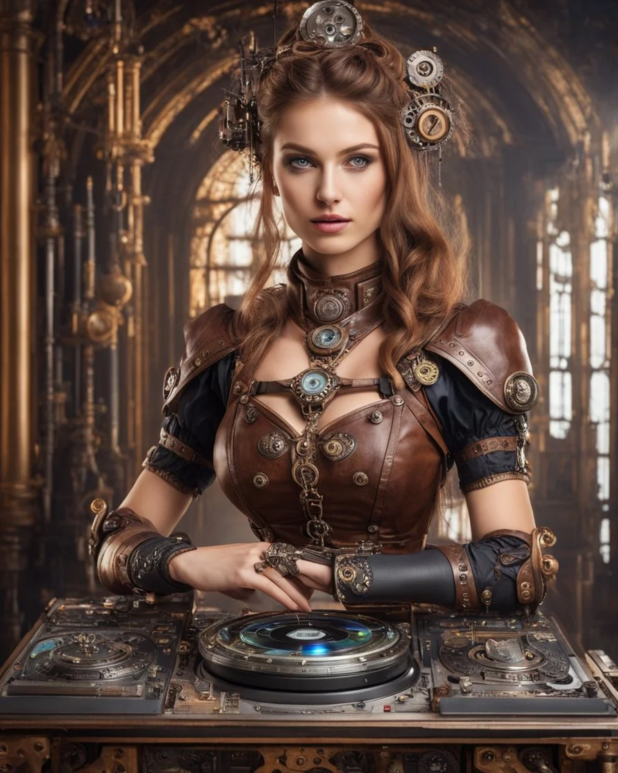 Front view half body gorgeous Realistic Photography beautiful super model Russian as playing Dj player with body full steampunk Victorian cyborg realistic beautiful woman hyper detailed