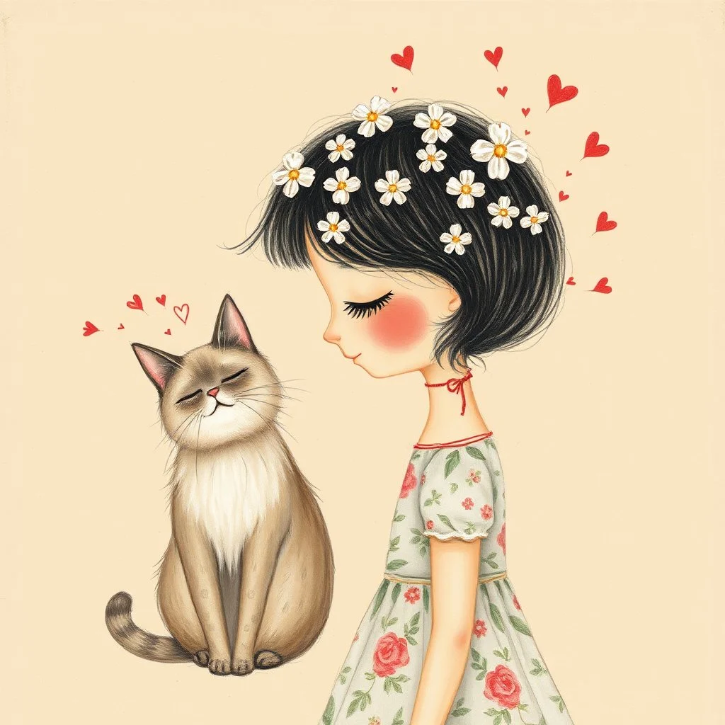 girl and a fluffy Siamese cat, naive childlike proportions, girl in profile with closed eyes and rosy cheeks, textured hair filled with white flowers and scribbled lines, simple floral dress, cat with eyes closed and tiny red hearts above its head, mixed-media acrylic and pencil texture, muted vintage pastel colors, warm beige background, dreamy feel, soft and imperfect hand-painted, naive art style.
