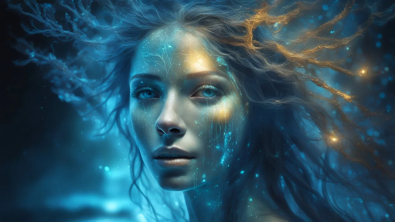 The photo is done in a bioluminescent and bioluminescent art style depicting a divine tree woman, double exposure, Bioluminescent wet translucent glowing skin, ethereal glowing eyes, embossed, long neck, perfect face in ultra-realistic details, blue shades, flowing hair, The composition simulates a cinematic film with dazzling, golden and silver lighting effects. Intricate details, sharp focus, crystal clear skin create high detail. 3d, 64k, high resolution, high detail, computer graphics, hyper