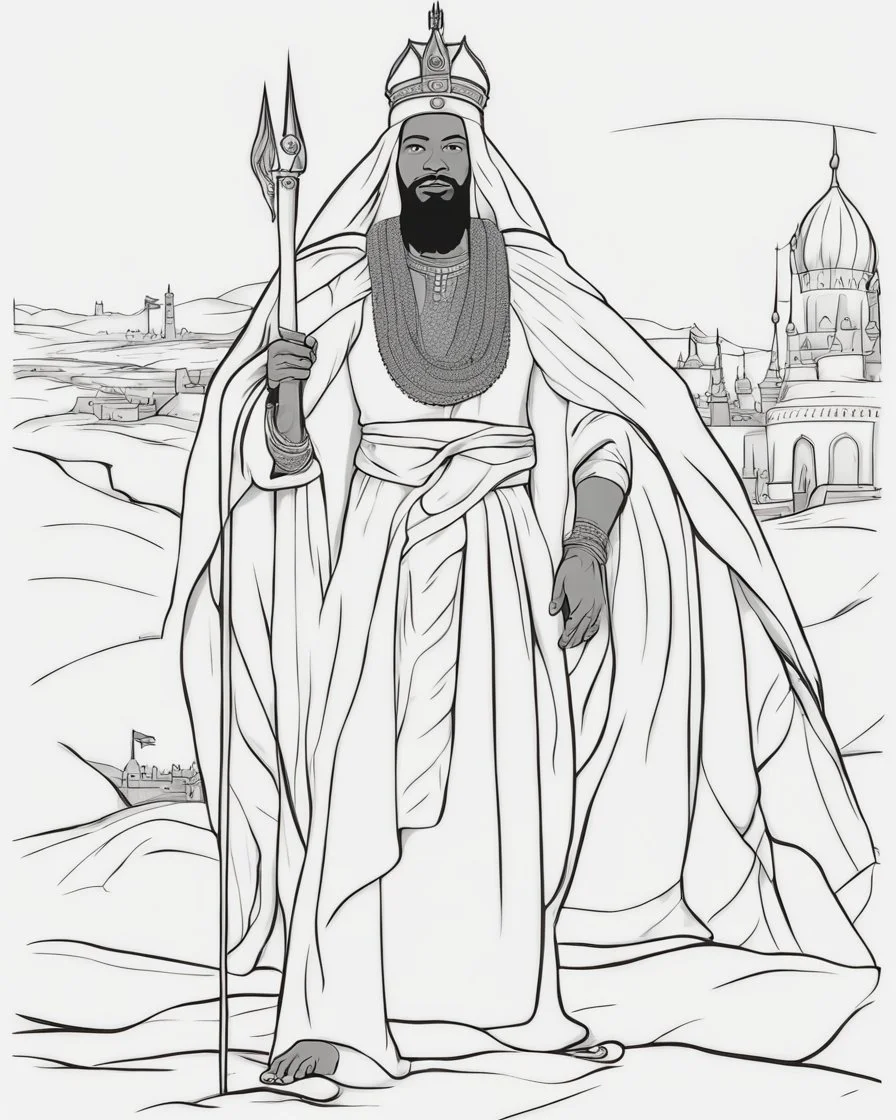 Outline art for coloring pages with mansa musa, white background, sketch style, only use black outline, white background, no shadows and well and clear outline