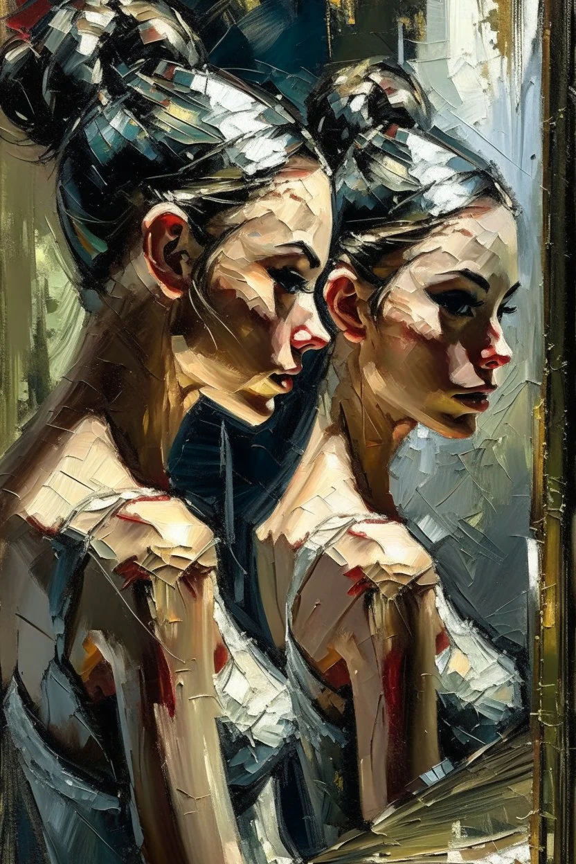 a beautiful ballerina, in a studio, Infront of a mirror, side profile with eyes looking slightly Down, her reflection in the mirror is looking straight at her and not looking down, scary, dark undertone, 12k, detailed painting, thick impasto and textures with rough brush strokes, chaos background with cracked paint, peeling off