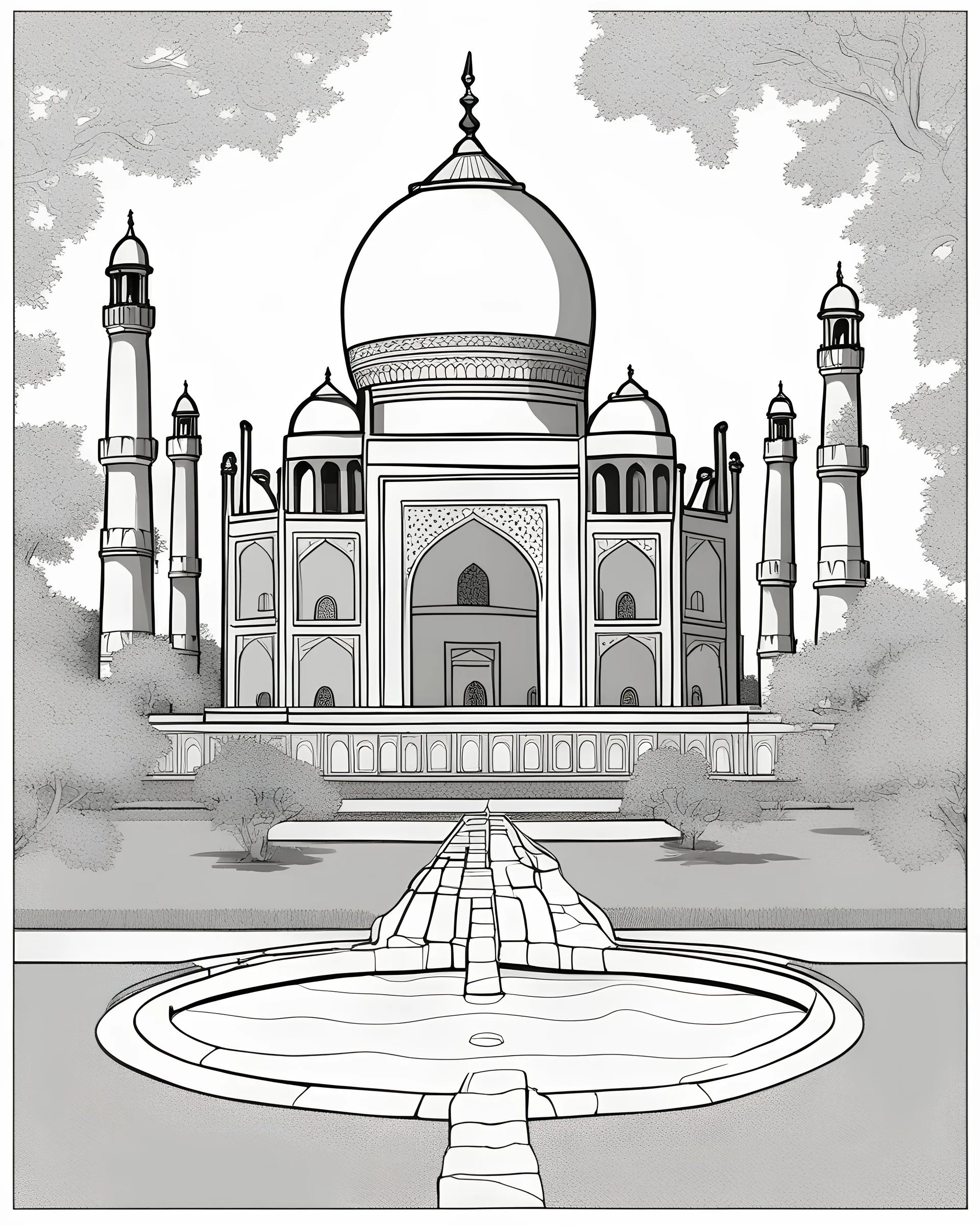 a coloring book, coloring page, depicting the Taj Mahal, with a scene of trees and a pool in front, monochrome, highly defined, white background, empty background, simple outlines