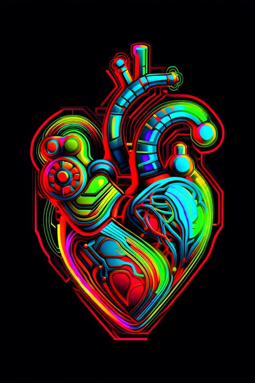 FLAT VECTOR LAYERED 2-D MULTICOLORED COMPLIMENTARY NEON MECHANICAL HUMAN HEART, METALLIC,