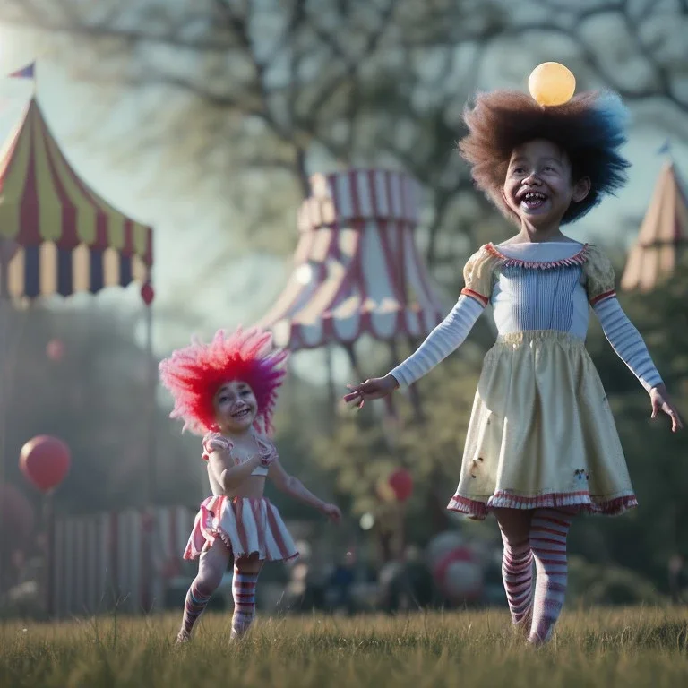 Ultra realistic circus scene. Sweet hair monster and Child’s playing, smile, happy, smooth color, waist up view, Wes Anderson style, dark ambient, highly detailed, concept art, unreal engine 5, god rays, ray tracing, RTX, lumen lighting, ultra detail, volumetric lighting, 3d, finely drawn, high definition, high resolution.