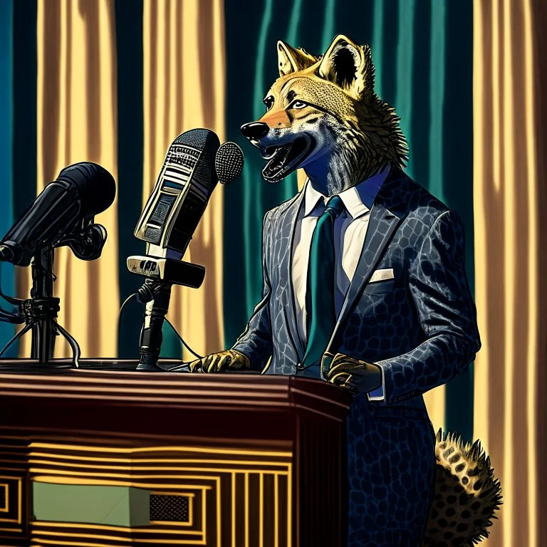 Hyena in a suit and tie, as an announcer sitting at the transmission table with a microphone presenting a newscast. Sandro Botticelli style. Ultra quality