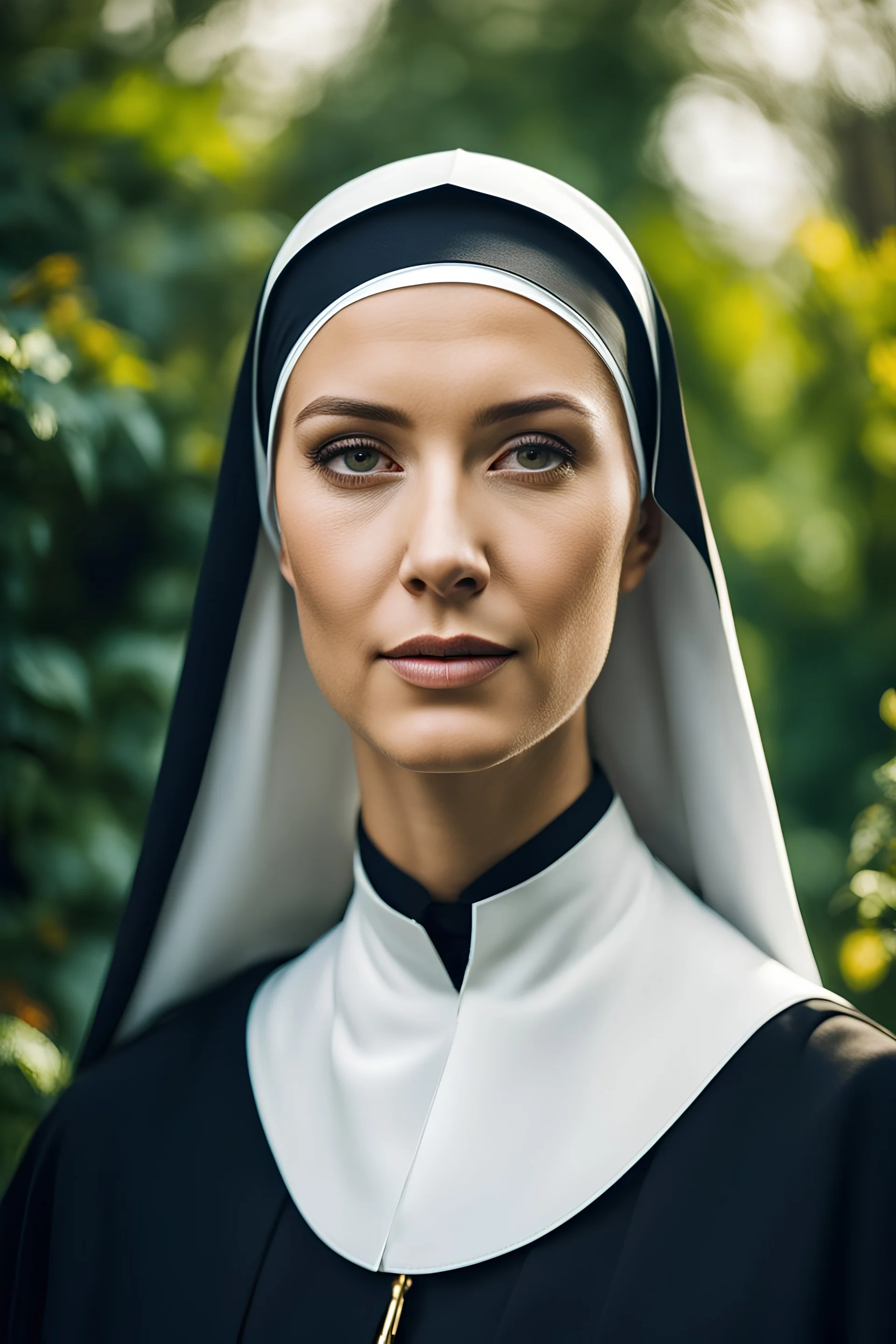 Close up portrait of a beautiful nun ,garden in background, RAW foto, natural vivid colors, dynamic light and shadow, very detailed scene with intricate details,
