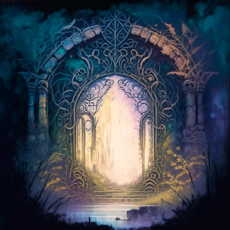 A watercolour painting, An ancient, ornate portal stands in the midst of a forgotten landscape. The glow from the portal illuminates the surrounding area, giving glimpses of fantastical worlds and creatures lurking just beyond the threshold.