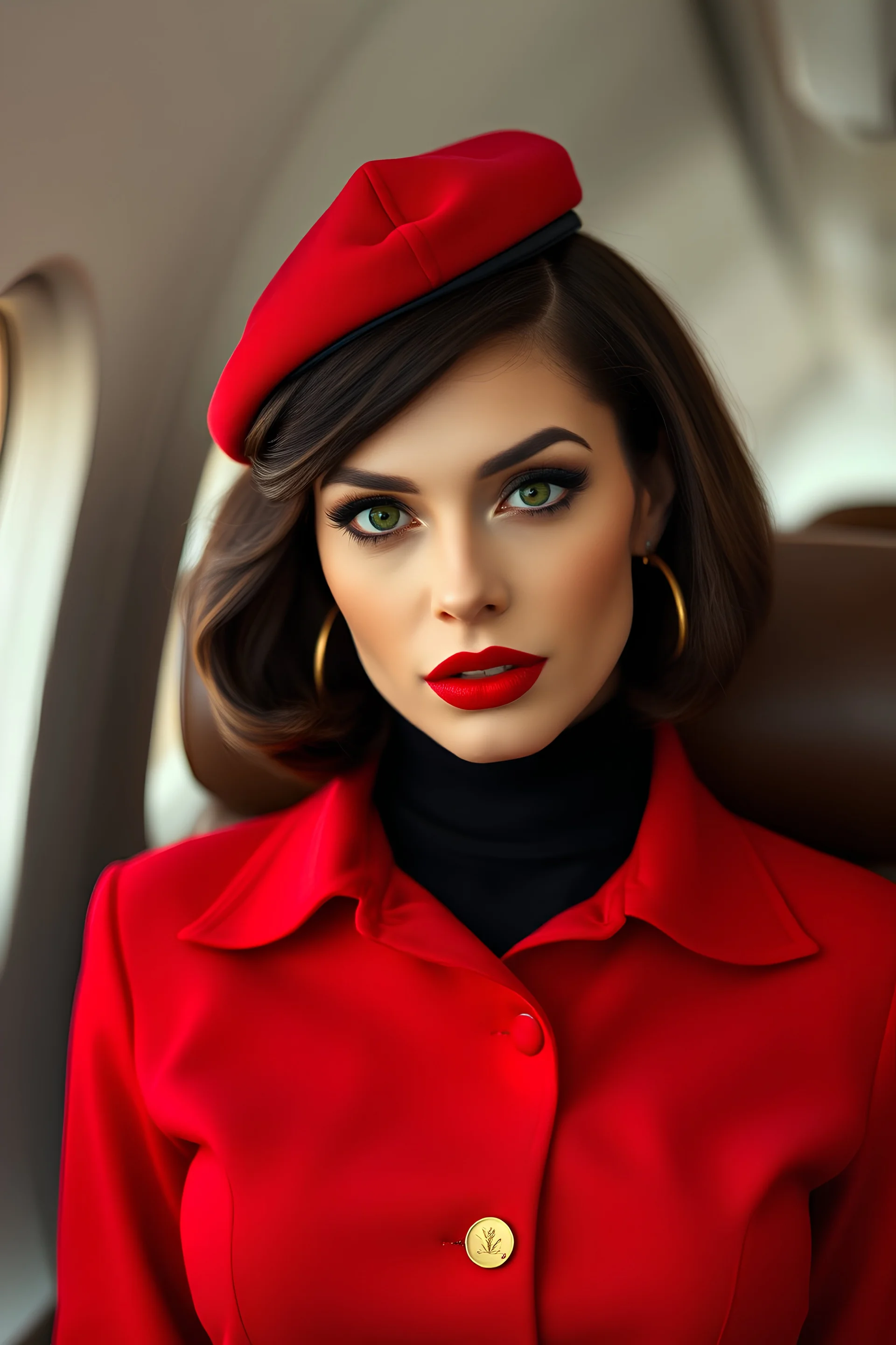 very feminine, brunette 50 year old sexy French stewardess wearing a sidecap in red uniform with pixie cut and strong, seductive makeup, smoky green eyes, large thick pouty bright red lips and large golden earrings who looks a bit like Elodie Cherie or Jeanna Fine