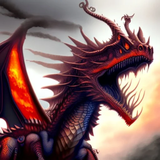 Illustrate a majestic, scale-covered dragon with piercing eyes and a fiery breath, set against a mystical, misty background.