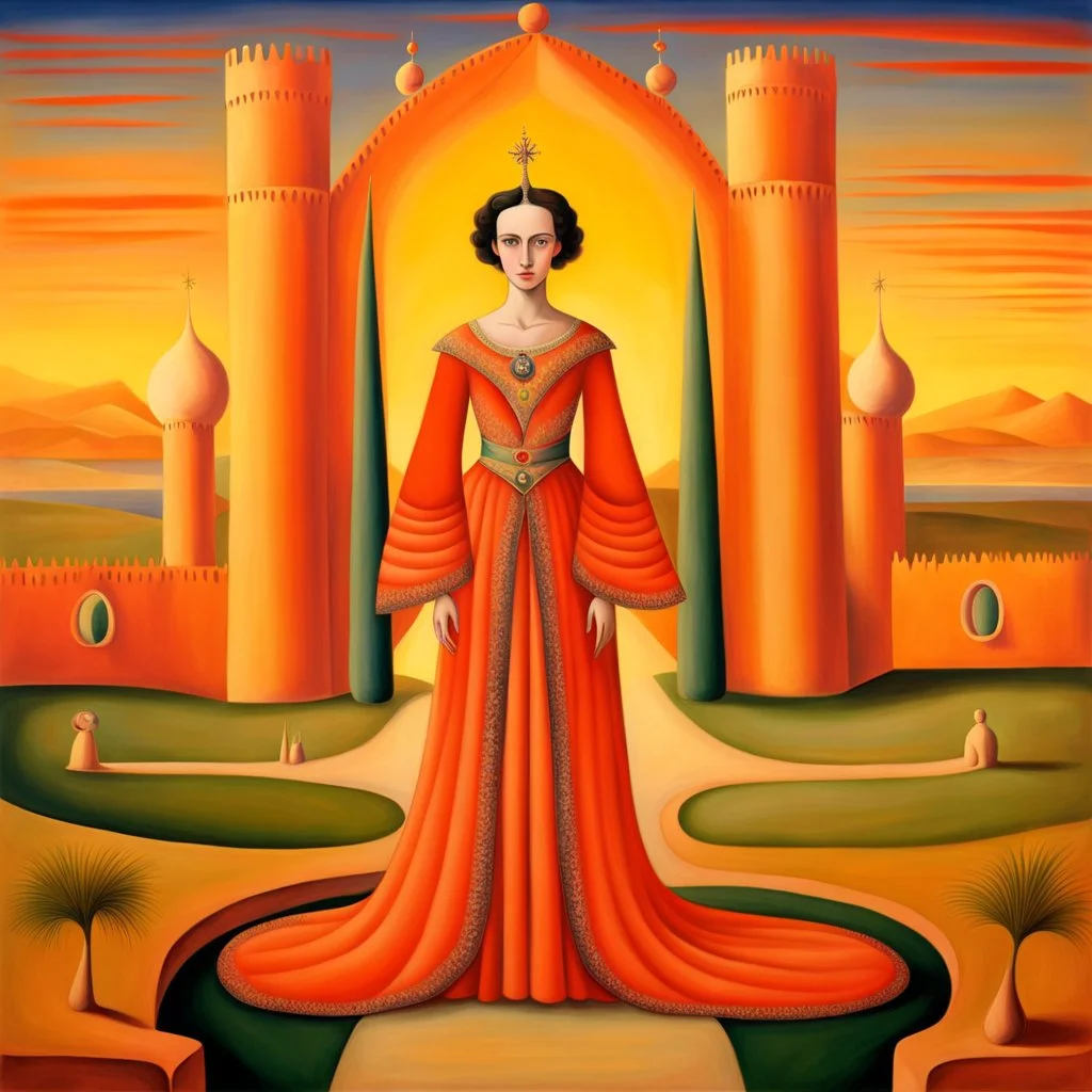 full_body:: a young princess in magnificent robes:: in a Moghul palace at sunset:: by artist "Leonora Carrington", by artist "Tarsila do Amaral":: Cinematic lighting with shadows emphasizing the character's determination:: eye_level perspective::